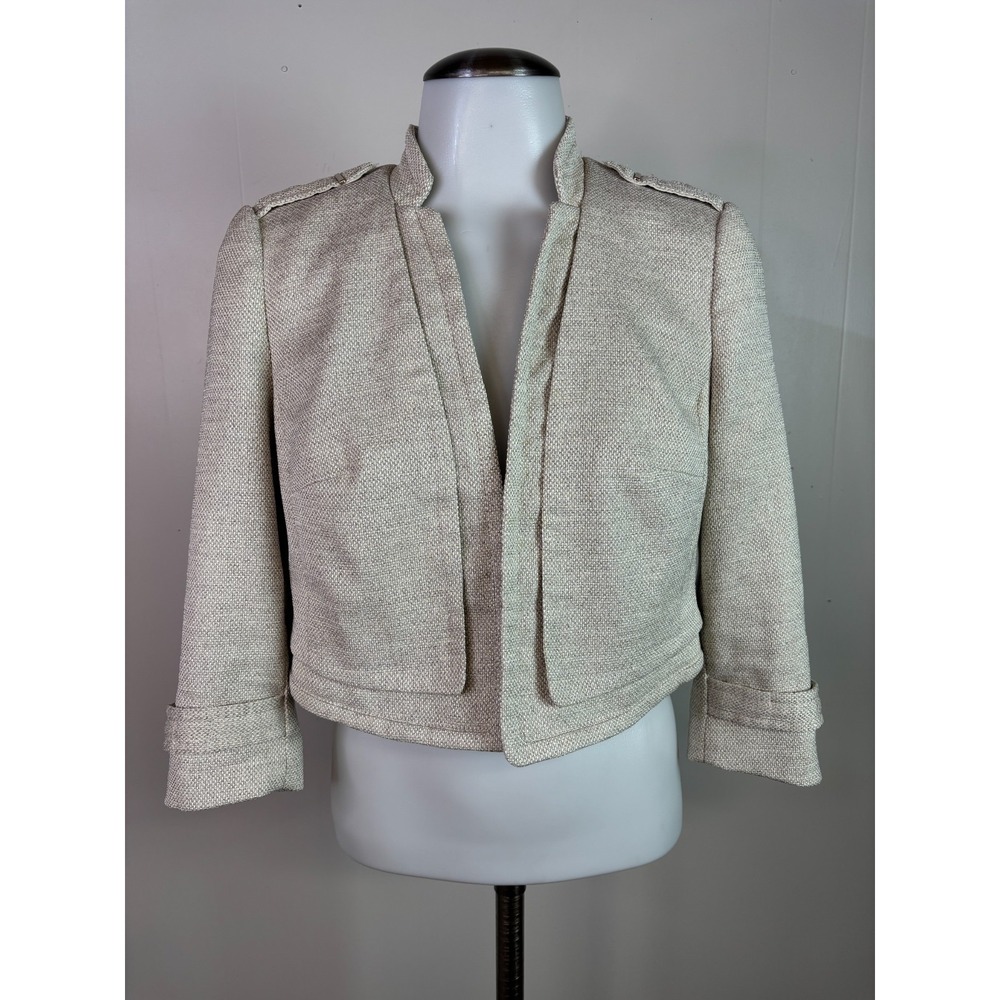 White House Black Market Jacket 6P Cream Cropped Open-Front 3/4 Sleeve Blazer